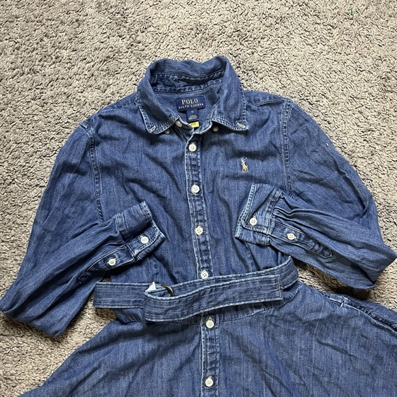 Polo Ralph Lauren Girls Belted Cotton Denim Shirt Dress Size 12 Preppy Pony Logo - Picture 2 of 6